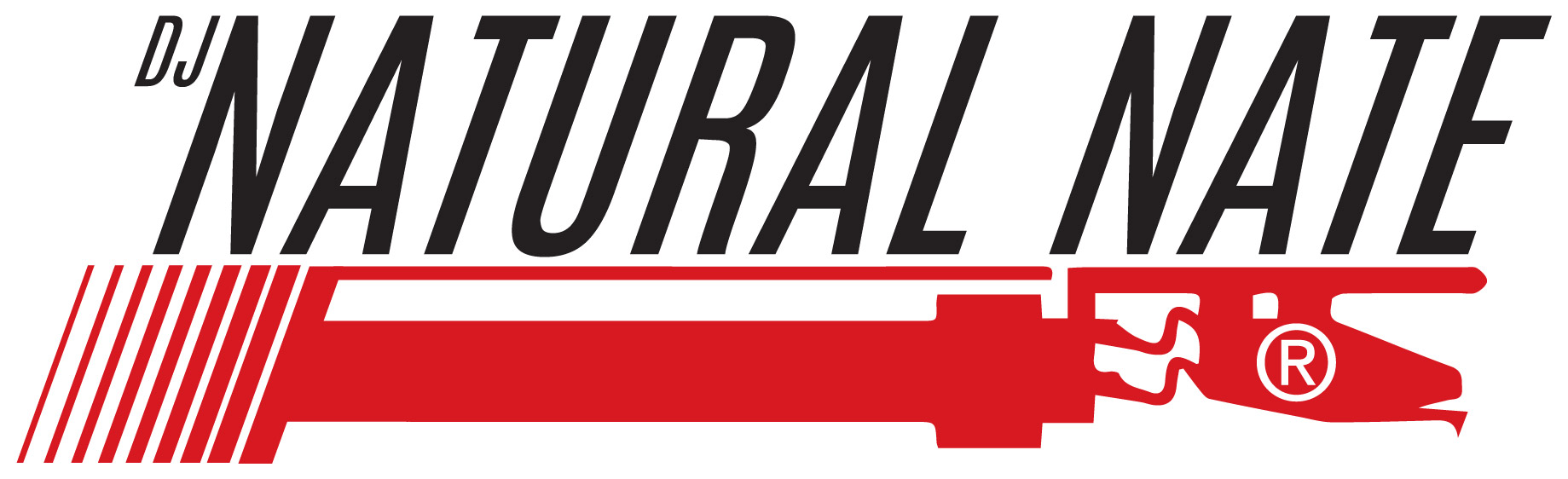 DJ Natural Nate® red and black logo, italic bold type with red needle/tonearm graphic and registered trademark
